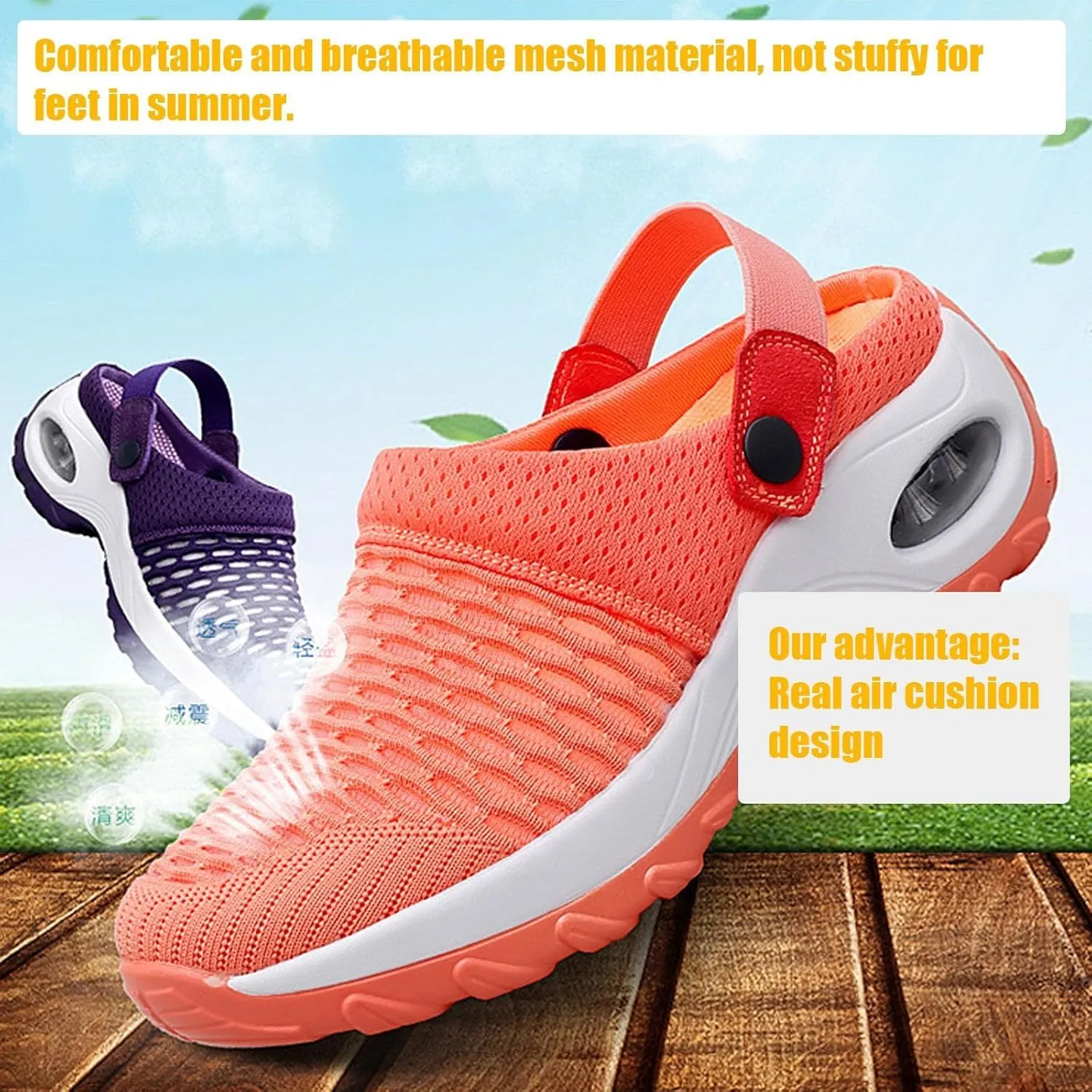 Air Cushion Orthopedic Slip On Shoes Womens Breathable Mesh Garden Shoes Comfortable Walking Shoes Fashion Knit Fabric Clogs For Women On Feet All Day