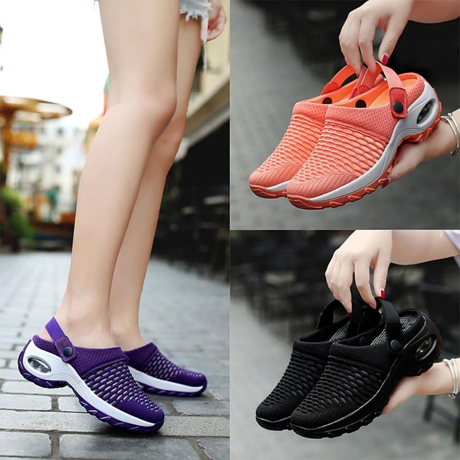 Air Cushion Orthopedic Slip On Shoes Womens Breathable Mesh Garden Shoes Comfortable Walking Shoes Fashion Knit Fabric Clogs For Women On Feet All Day