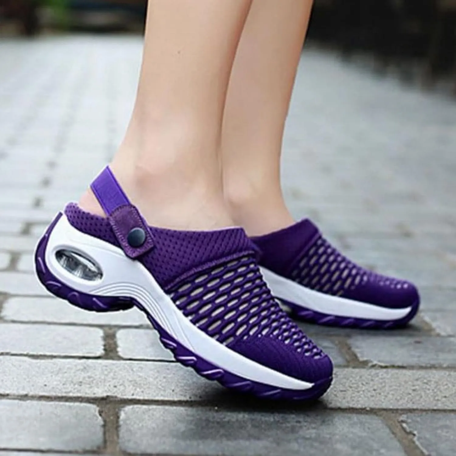 Air Cushion Orthopedic Slip On Shoes Womens Breathable Mesh Garden Shoes Comfortable Walking Shoes Fashion Knit Fabric Clogs For Women On Feet All Day