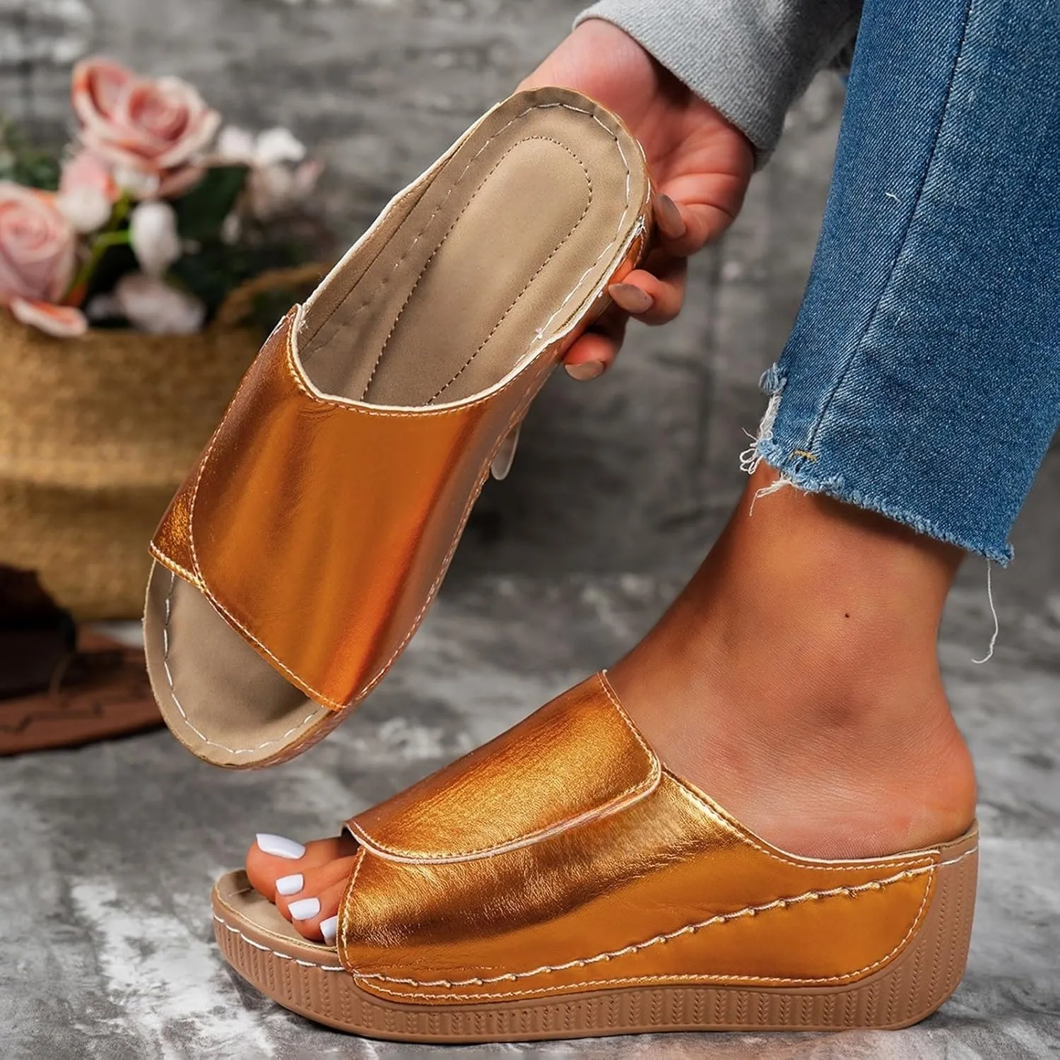 Slippers for Women Comfortable Summer Platform Wedge Slipper Casual Slip On Orthopedic Shoes with Arch Support Breathable Open Toe Sandals Dressy Walking Shoe for Beach