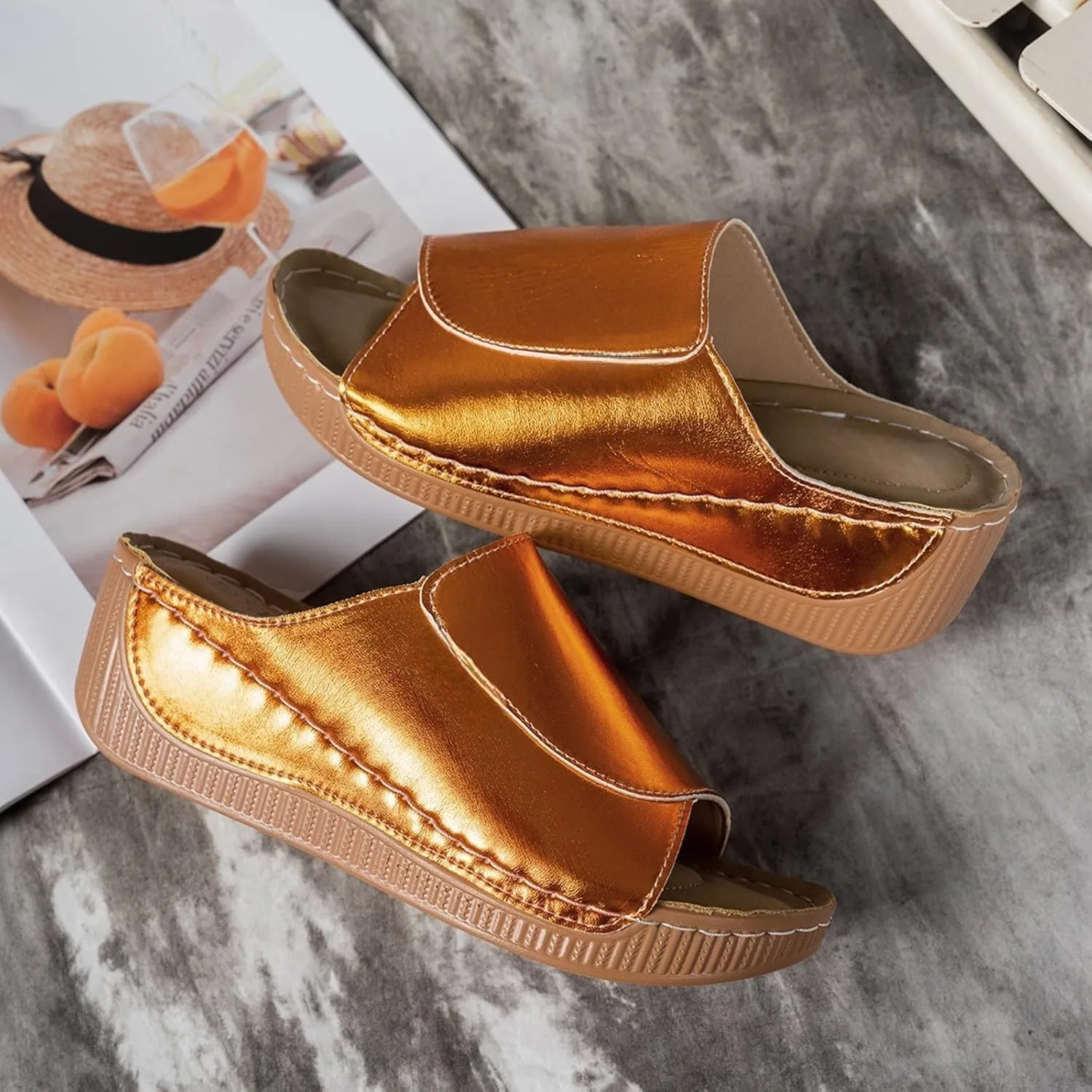 Slippers for Women Comfortable Summer Platform Wedge Slipper Casual Slip On Orthopedic Shoes with Arch Support Breathable Open Toe Sandals Dressy Walking Shoe for Beach