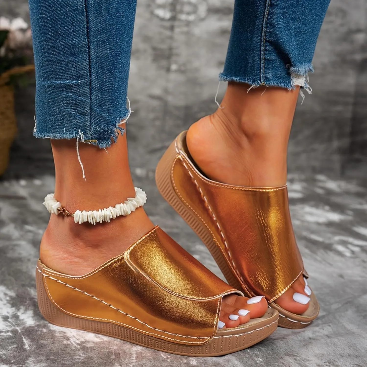 Slippers for Women Comfortable Summer Platform Wedge Slipper Casual Slip On Orthopedic Shoes with Arch Support Breathable Open Toe Sandals Dressy Walking Shoe for Beach