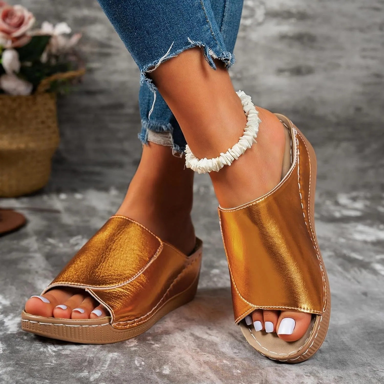 Slippers for Women Comfortable Summer Platform Wedge Slipper Casual Slip On Orthopedic Shoes with Arch Support Breathable Open Toe Sandals Dressy Walking Shoe for Beach