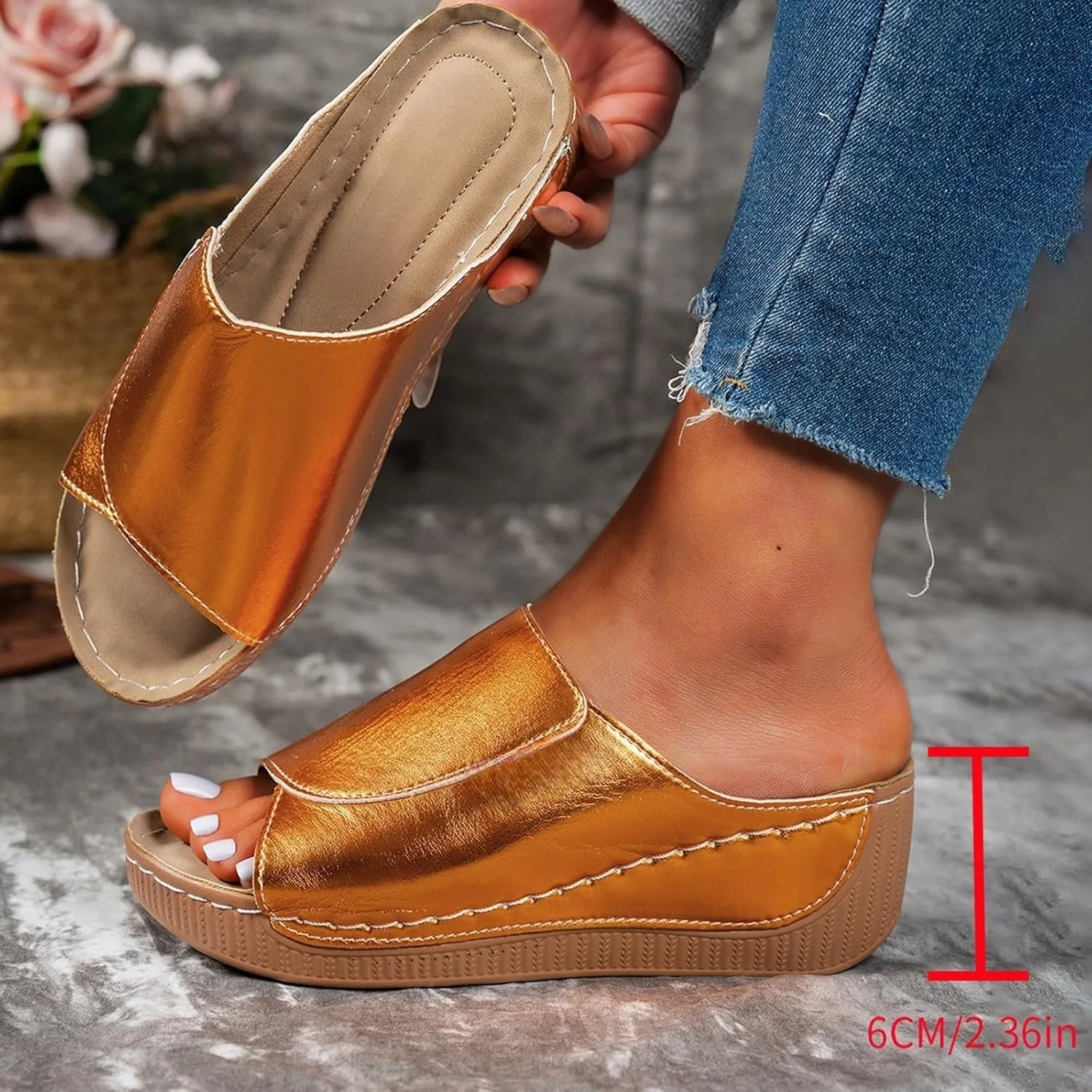 Slippers for Women Comfortable Summer Platform Wedge Slipper Casual Slip On Orthopedic Shoes with Arch Support Breathable Open Toe Sandals Dressy Walking Shoe for Beach