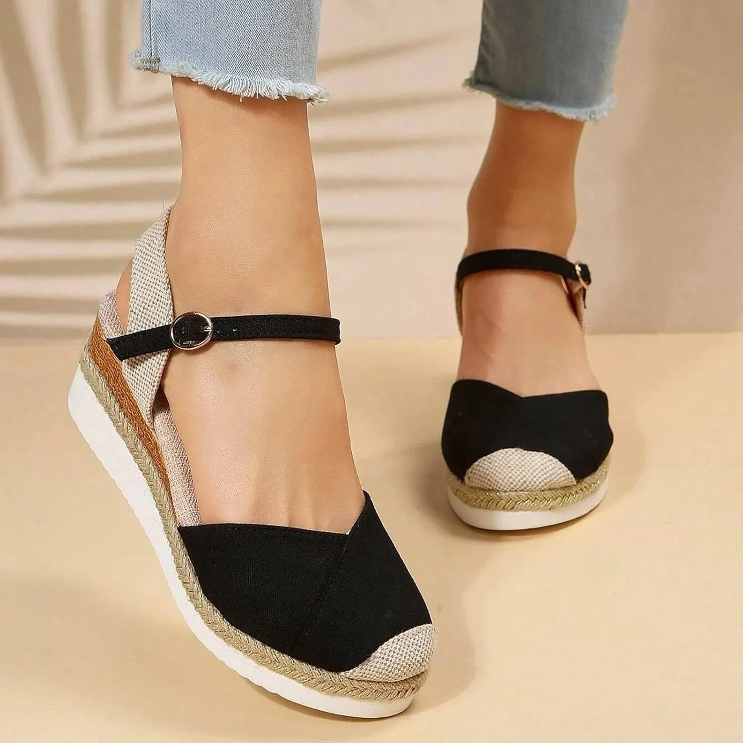Wedge Sandals for Womens Fashion Arch Support Sandals Elegant Orthopedic Sandal Closed Toe Buckle Ankle Strap Espadrilles Flatform Wedge Casual Shoes Bohemia Beach Shoes