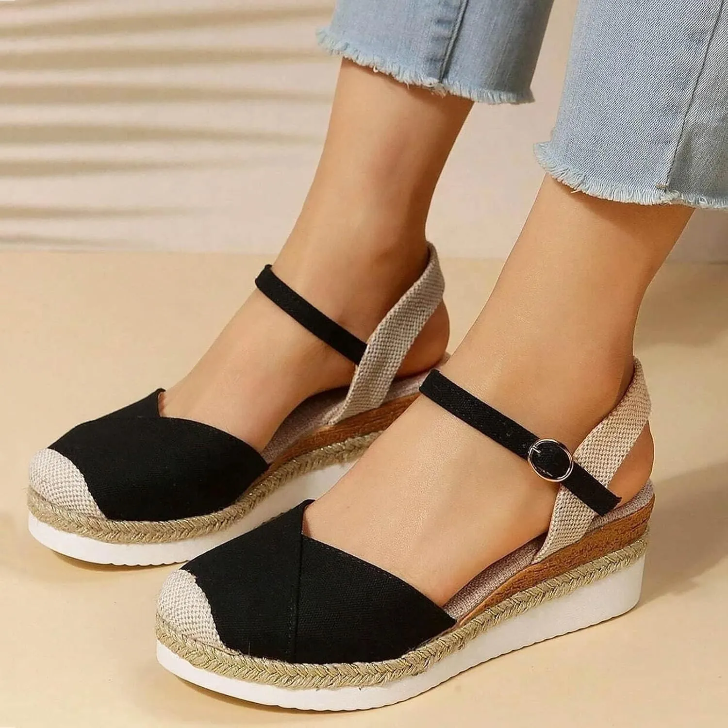 Wedge Sandals for Womens Fashion Arch Support Sandals Elegant Orthopedic Sandal Closed Toe Buckle Ankle Strap Espadrilles Flatform Wedge Casual Shoes Bohemia Beach Shoes