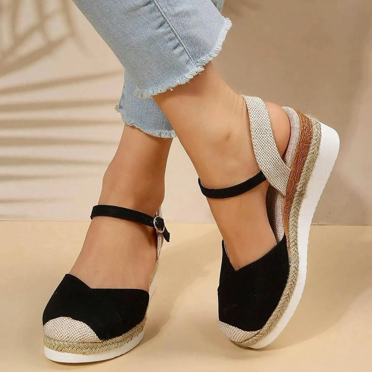 Wedge Sandals for Womens Fashion Arch Support Sandals Elegant Orthopedic Sandal Closed Toe Buckle Ankle Strap Espadrilles Flatform Wedge Casual Shoes Bohemia Beach Shoes
