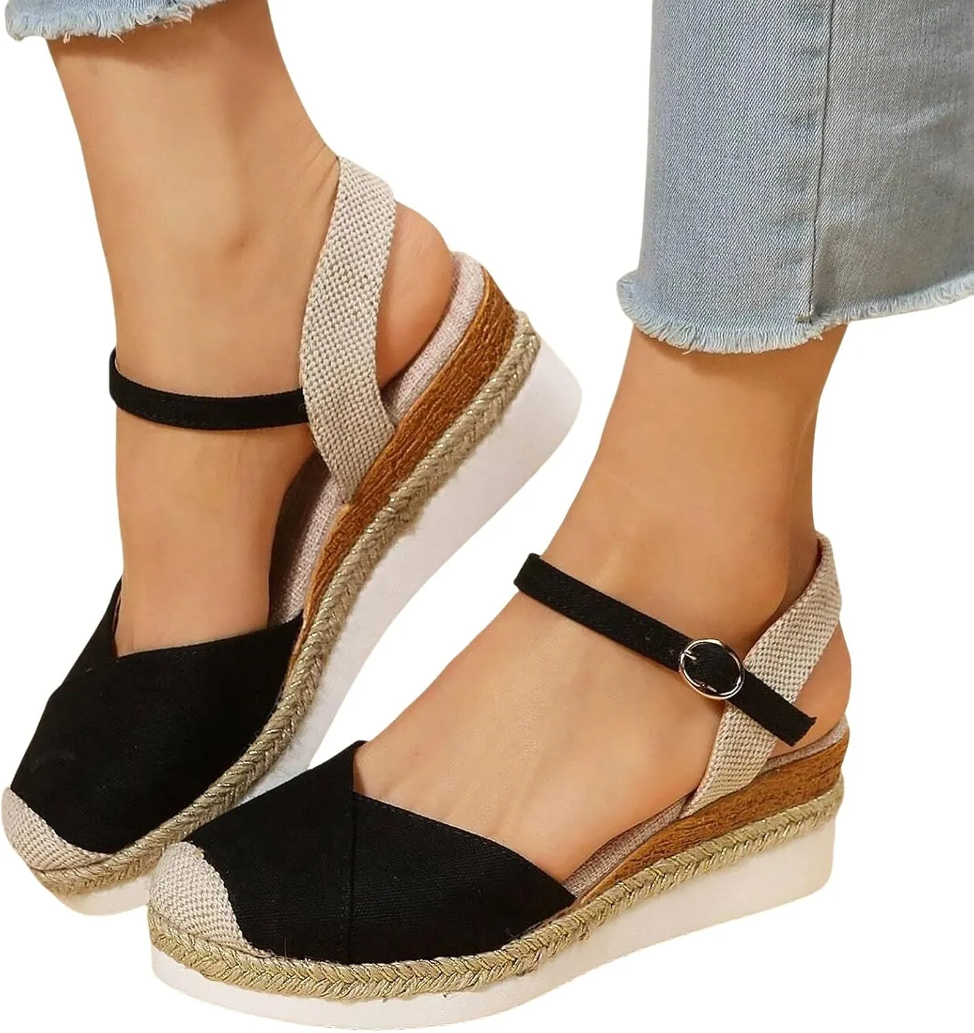 Wedge Sandals for Womens Fashion Arch Support Sandals Elegant Orthopedic Sandal Closed Toe Buckle Ankle Strap Espadrilles Flatform Wedge Casual Shoes Bohemia Beach Shoes