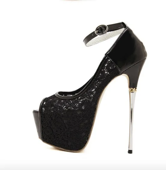 White Peep Toe Ultra Thin Stiletto Lace Pumps with Ankle Strap