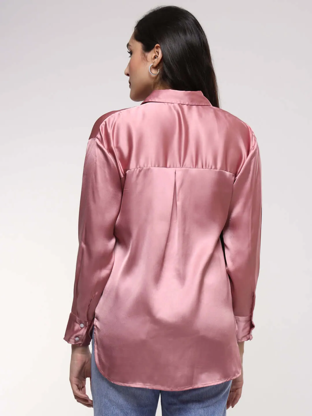 Women'S Premium Blush Pink Drop Shoulder Oversized Summer Satin Shirt