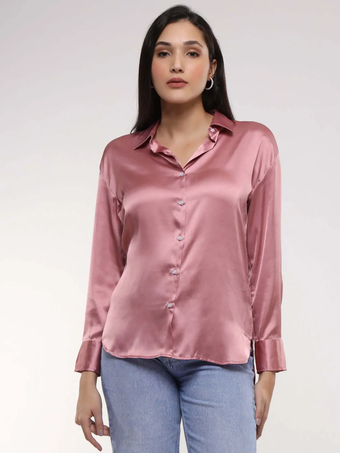 Women'S Premium Blush Pink Drop Shoulder Oversized Summer Satin Shirt