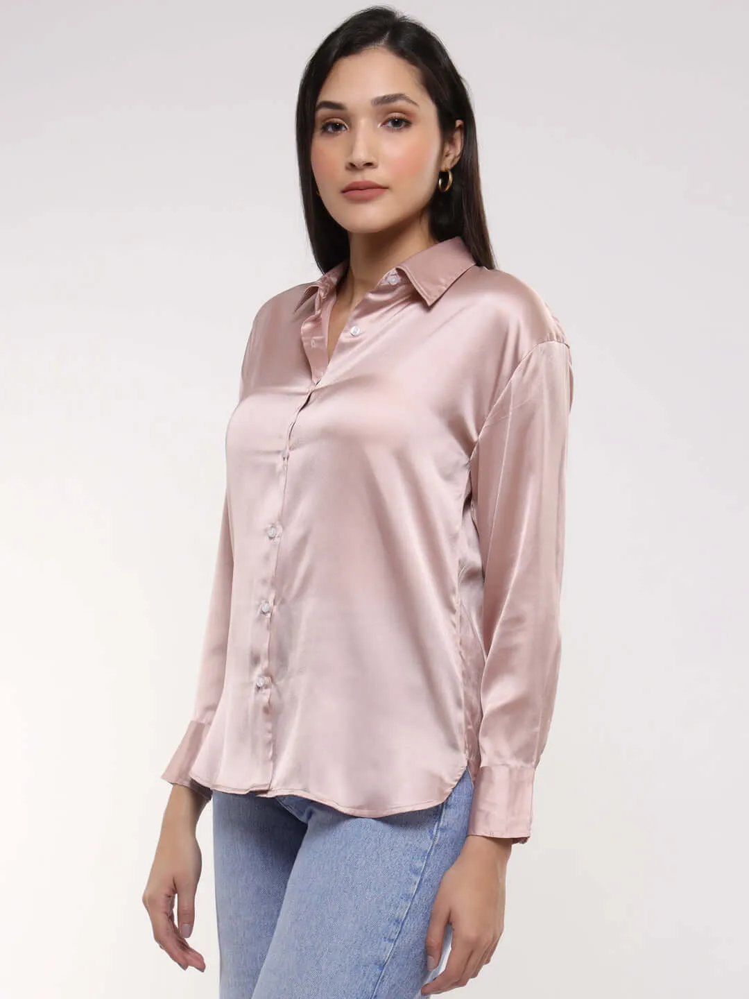 Women'S Premium Orchid Pink Drop Shoulder Oversized Summer Satin Shirt