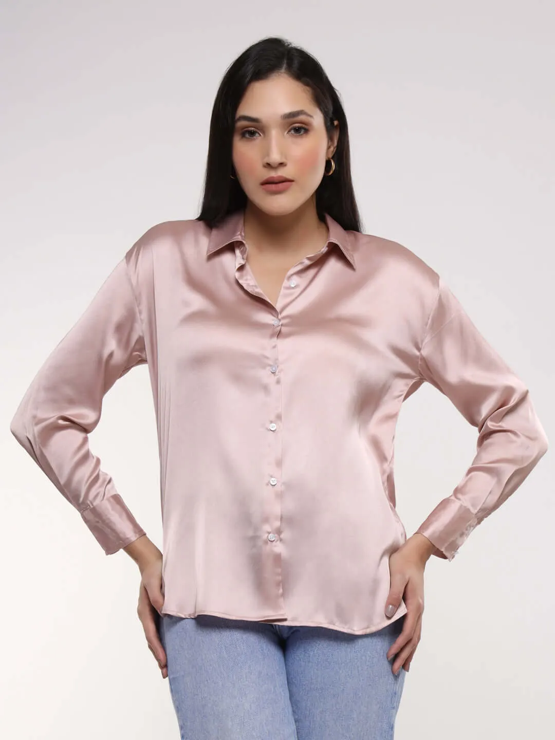 Women'S Premium Orchid Pink Drop Shoulder Oversized Summer Satin Shirt
