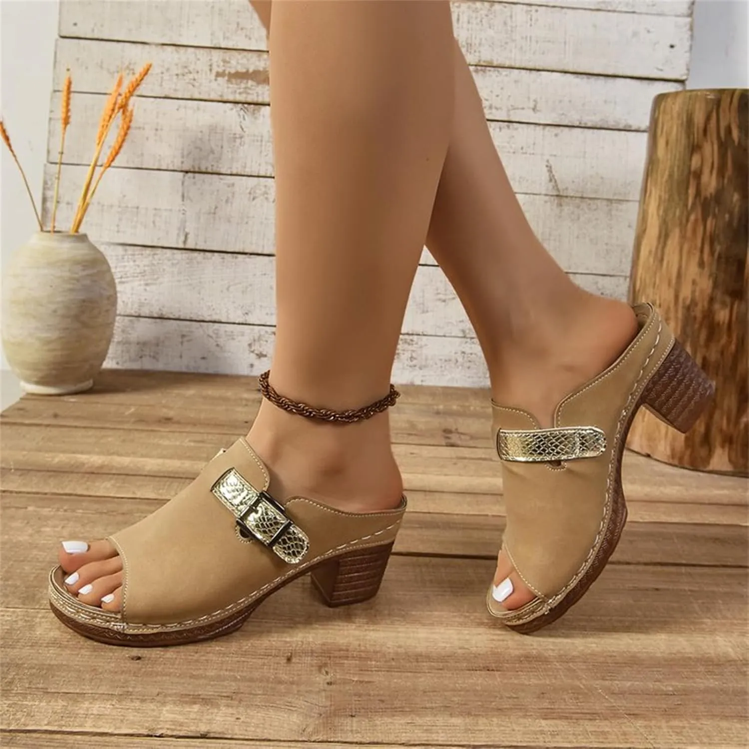 Women's Summer Sandals Comfortable Square Open Toe Heels Sandals Orthopedic Sandal with Arch Support Dressy Casual Mules Fashion Slip On Shoes Breathable Open Back Shoes