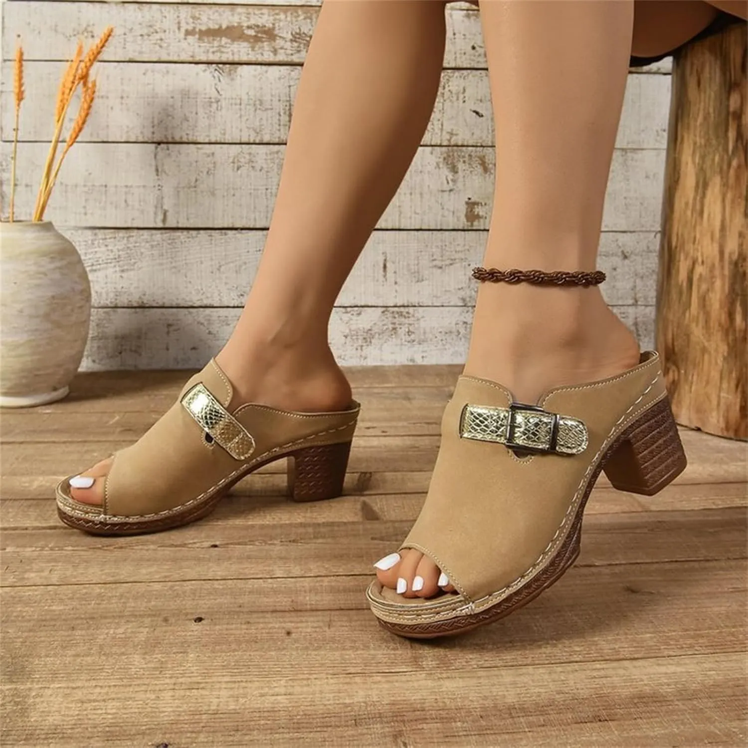 Women's Summer Sandals Comfortable Square Open Toe Heels Sandals Orthopedic Sandal with Arch Support Dressy Casual Mules Fashion Slip On Shoes Breathable Open Back Shoes
