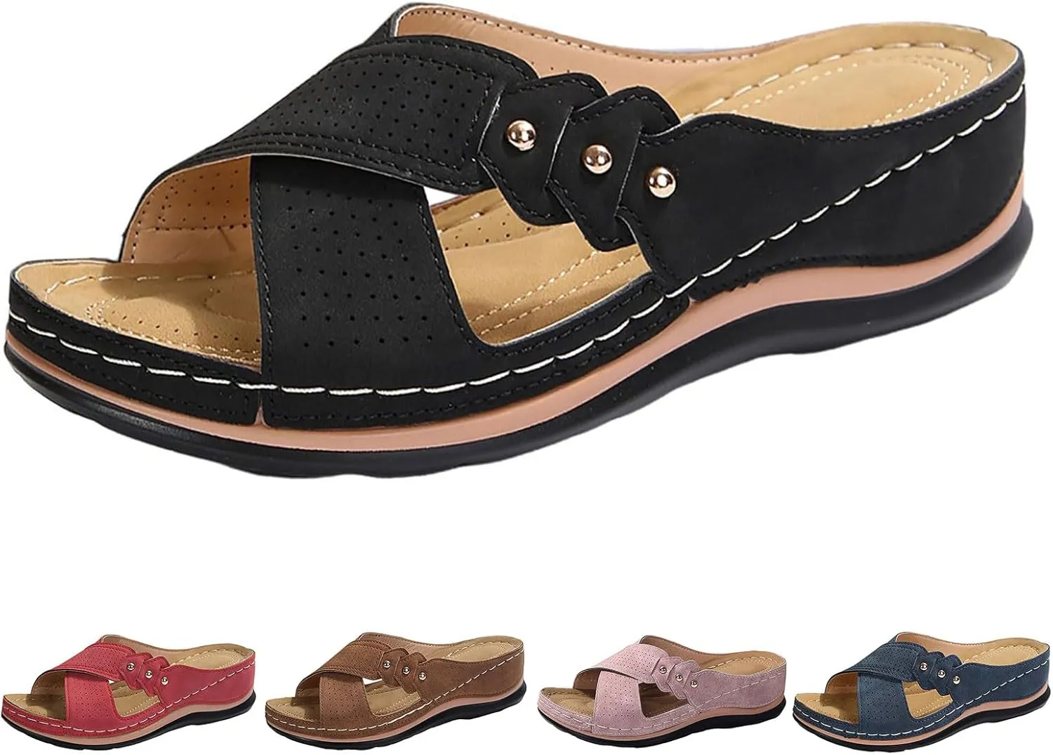 Womens Wedge Sandals Dressy Cross Strap Flowers Slide Platform Sandals Casual Arch Support Slippers Slip On Shoes
