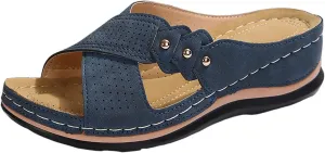 Womens Wedge Sandals Dressy Cross Strap Flowers Slide Platform Sandals Casual Arch Support Slippers Slip On Shoes