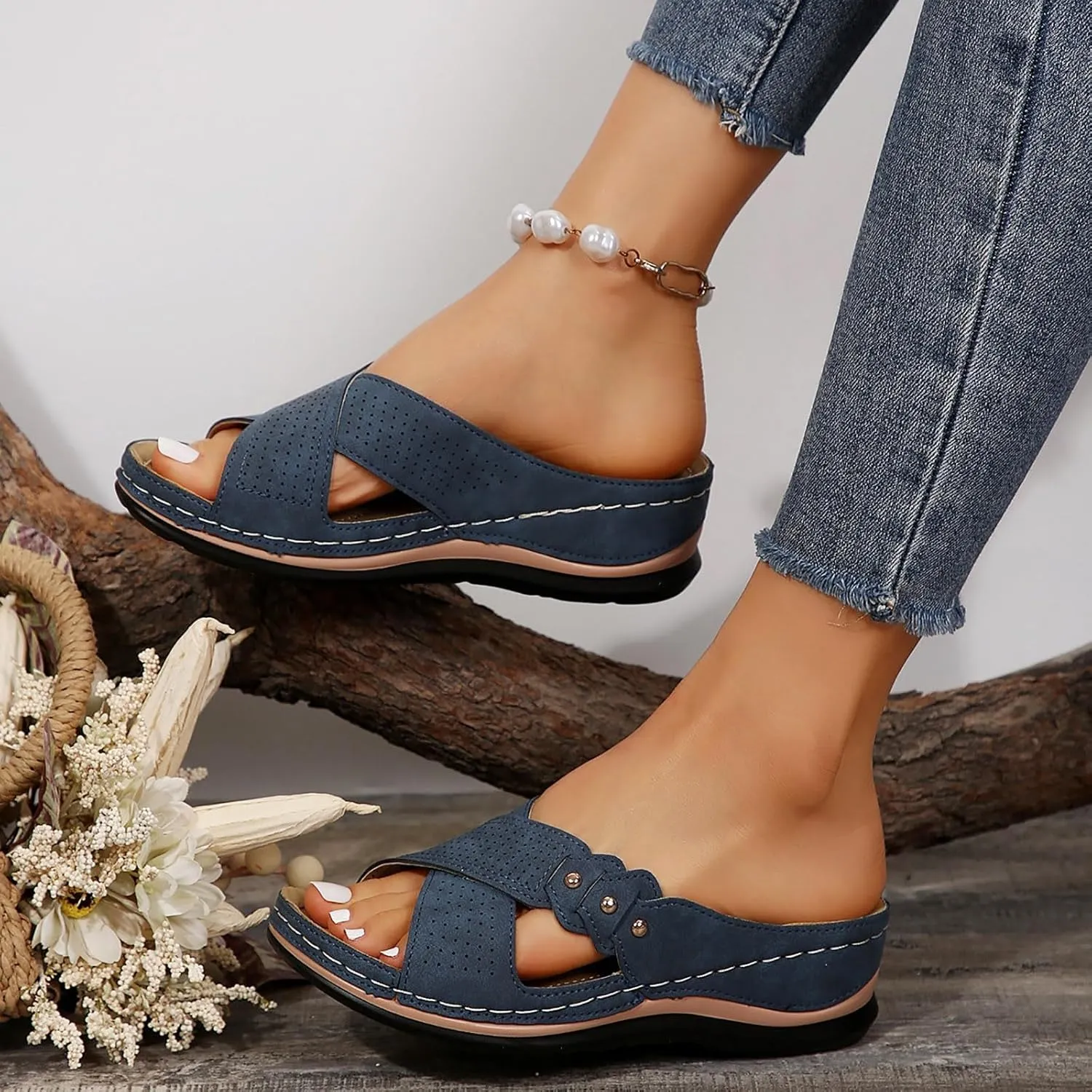 Womens Wedge Sandals Dressy Cross Strap Flowers Slide Platform Sandals Casual Arch Support Slippers Slip On Shoes